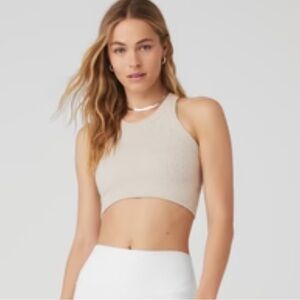 alo seamless delight high neck bra oatmeal heather